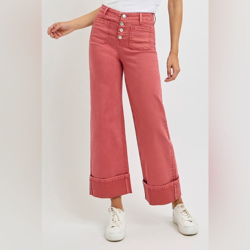 High-Rise Wide-Leg Cropped Pants in Dusty Rose